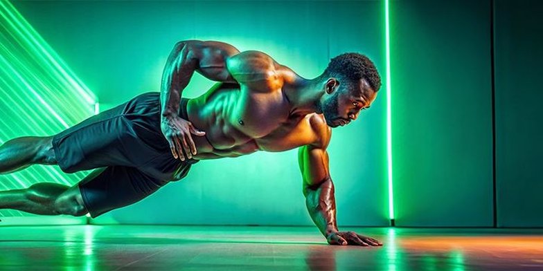 Athlete holding a push-up under green light